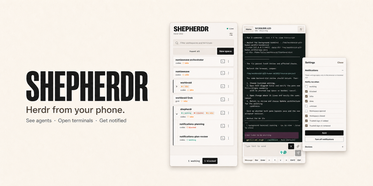 Shepherdr - check on coding agents and access their terminals from your phone